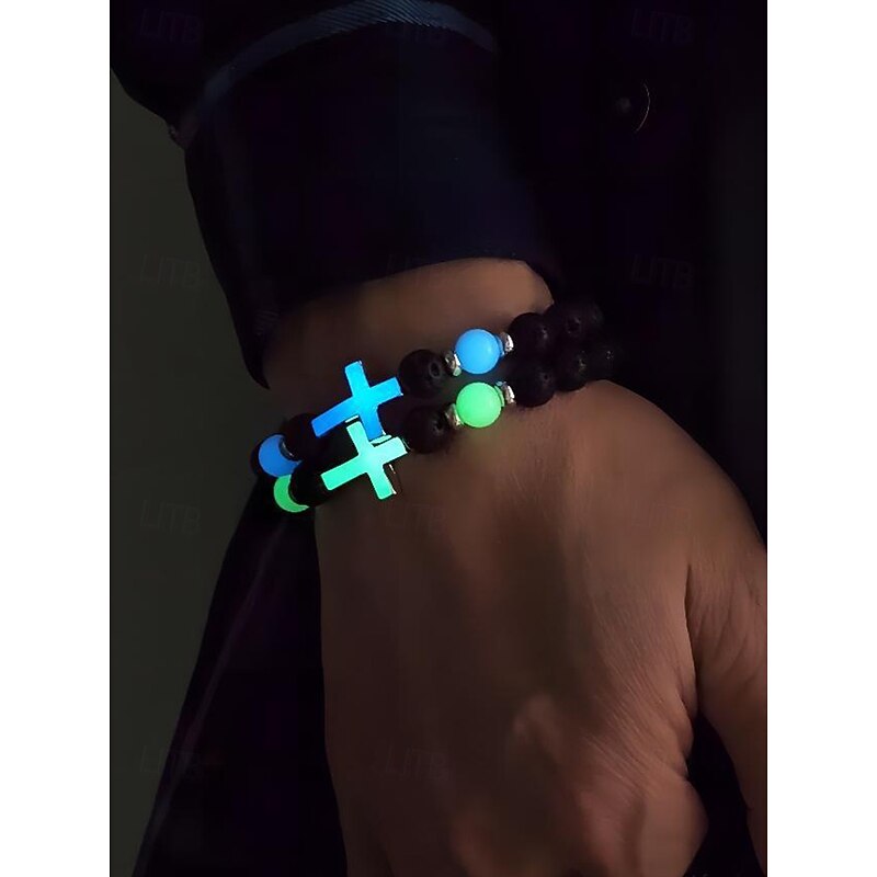 Men's Glow-in-the-Dark Cross Bracelet – Volcanic Rock and Fluorite Beads, Adjustable, Perfect for Halloween and Casual Wear2