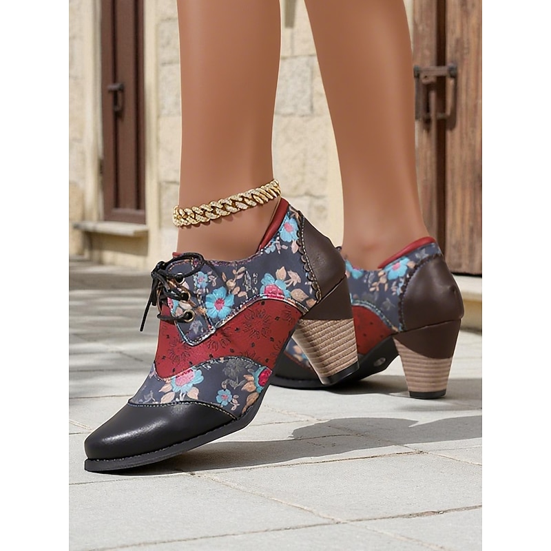 Women's Vintage Floral Lace-Up Oxford Shoes – Multi-Color Faux Leather and Fabric Patchwork Chunky Heel Oxfords with Round Toe, Retro Victorian Style for Casual Wear, Parties, and Fall Winter Outfits3