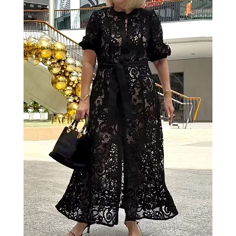 Women's Long Dress Maxi Dress Lace Dress Summer Dress Fashion Modern Daily Beach Weekend Regular Fit Plain Short Sleeve V Neck Black White Pink Red Summer2