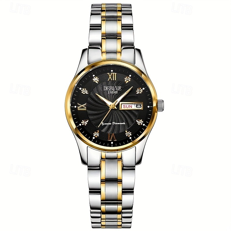 A New Round Roman Dial Ladies' Business Watch With Luminous Date And Day Display Ipx7 Water Resistance Alloy Strap Multi-Functional Fashionable And Trendy Wristwatch Suitable For Travel Leisure A4