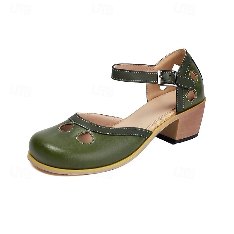 Women's Vintage Green Mary Jane Faux Leather Heels with Cutout Design and Adjustable Strap – Comfortable Retro Block Heel Shoes for Casual and Formal Occasions4