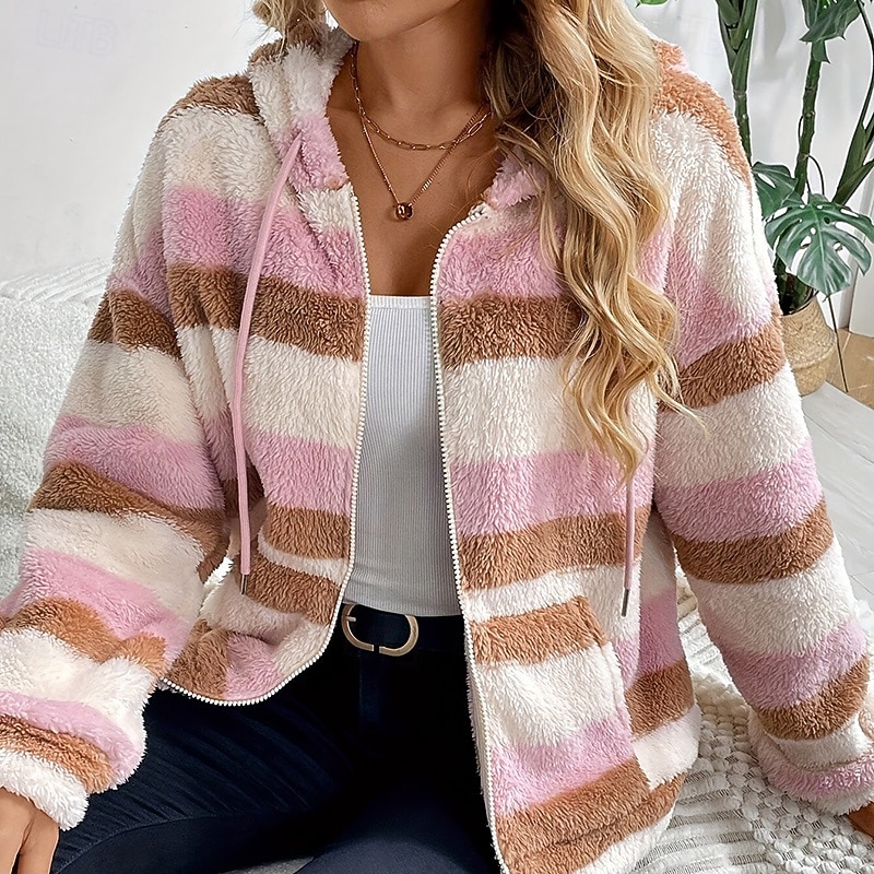 Women's Double Fuzzy Sweatshirt Thick Warm Drawstring Long Sleeve Sports Stripes Top For Outdoor Travel Vacation Activewear2