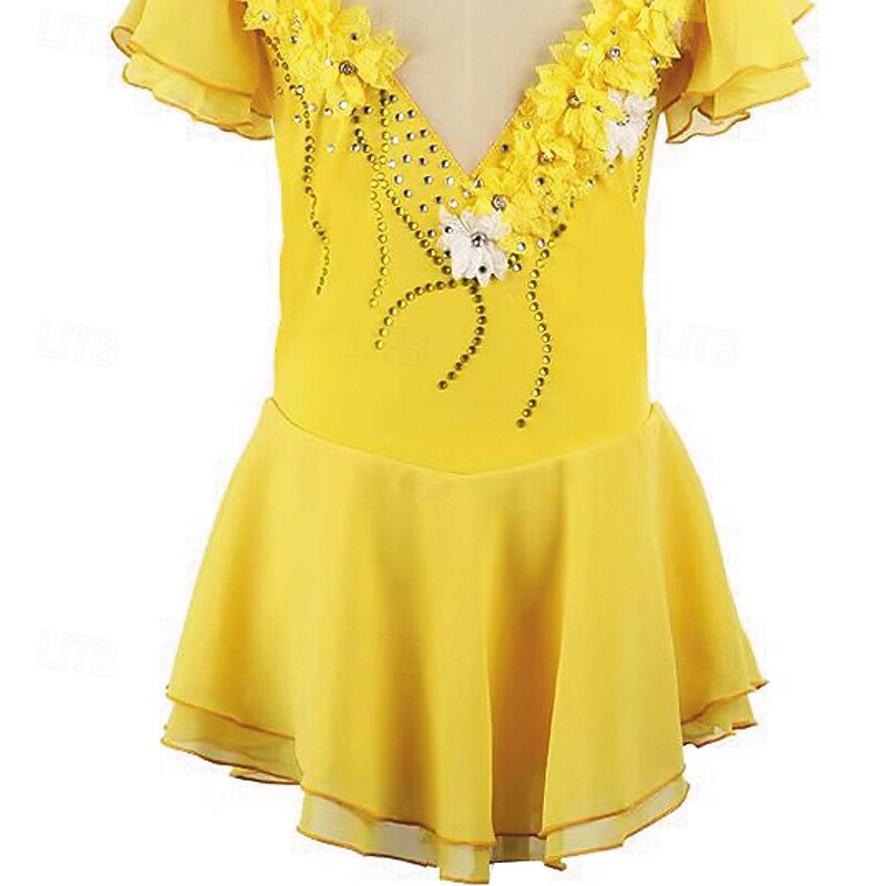 Figure Skating Dress Women's Girls' Ice Skating Dress Yellow Patchwork Open Back Mesh Spandex Stretchy Training Practice Professional Skating Wear Thermal Warm Crystal / Rhinestone Short Sleeve Ice3