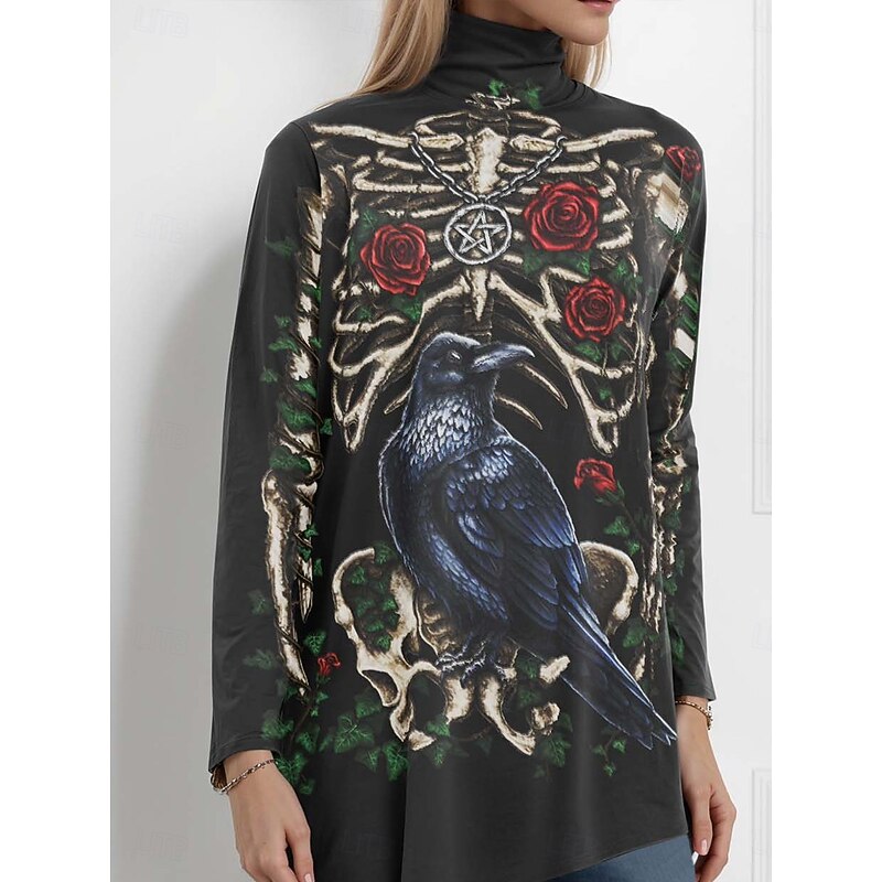 Halloween Sarah Richter by Women's Blouse Floral Graphic  Stylish Classic Casual Long Sleeve Turtleneck Regular Tops Party Evening Wear Daily Going out Asymmetric Hem Summer Spring Fall Winter2