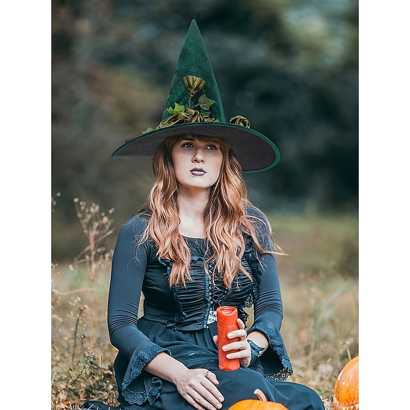 Women's Green Velvet Witch Hat with Satin Roses and Ivy – Elegant Halloween Costume Hat for Parties and Themed Events2