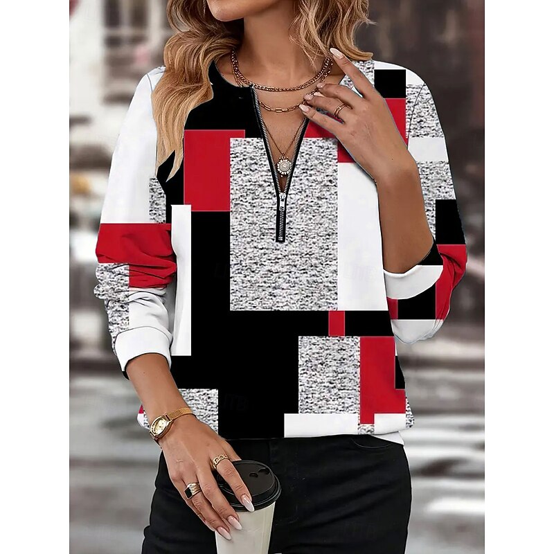 Women's Pullover Sweatshirt Zip Up Sweatshirts Graphic Geometric Color Block Fashion Casual Long Sleeve Crew Neck Regular Tops Street Dailywear Zipper Print Red Blue Purple Orange Green Fall Winter3