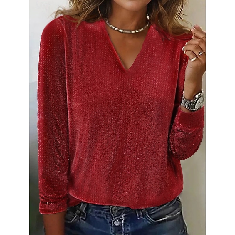 Women's Shirt Blouse Plain Basic Modern Long Sleeve V Neck Regular Tops Daily Holiday Sequins Silver Black Yellow Pink Red Summer3