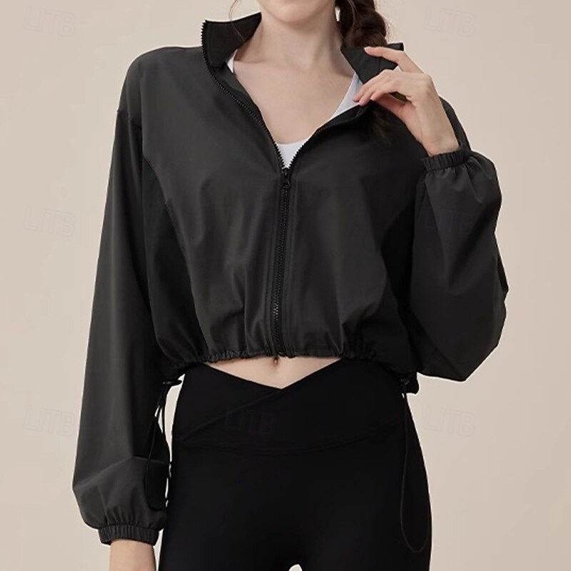 Women's Workout Jacket Windproof Drawstring Long Sleeve Sports Color Block Top For Sports Zumba Running Loose Fit Activewear2