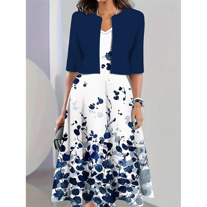 Women's Dress Set A Line Dress Casual Semi Formal Floral Graphic Print Midi Dress Half Sleeve Crew Neck Vacation Date White Blue Green Summer Spring Regular Fit4