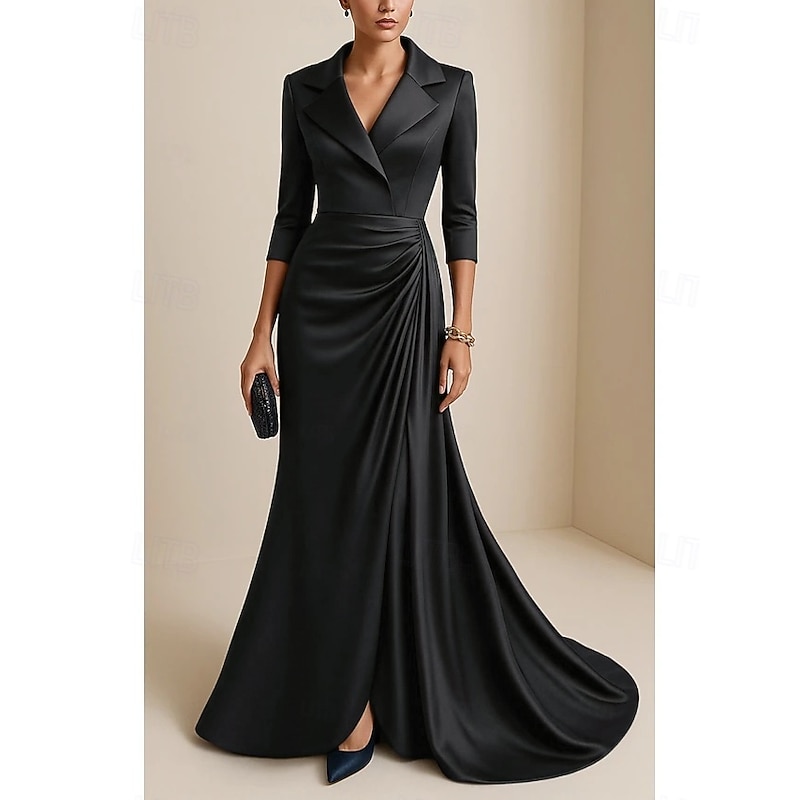 Tuxedo Dress Mermaid / Trumpet Trumpet Formal Wedding Wedding Guest Satin Elegant Vintage 3/4 Length Sleeve Floor Length Notched Lapels4