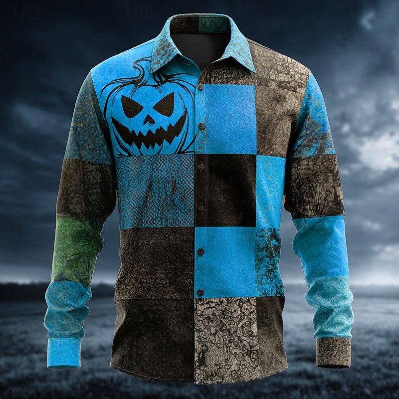 Halloween Men's Color Block Pumpkin Patchwork Shirt Button Up Shirt Long Sleeve Dark Gothic Style Holiday Streetwear Summer Spring Turndown 3D Print Collared Shirts Yellow Blue Orange Green2