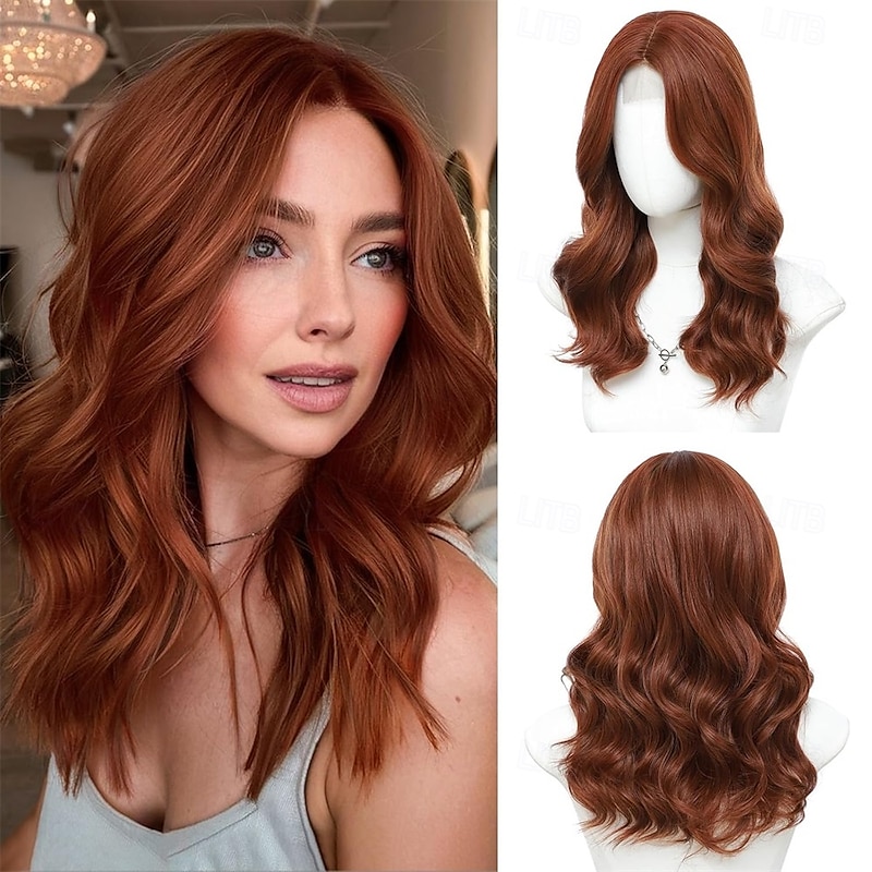 Auburn Medium Length Wigs for Women 18 Inch Middle Part Synthetic Hair Wavy Wig - Natural Hairline Wig for Daily Party/Halloween Use