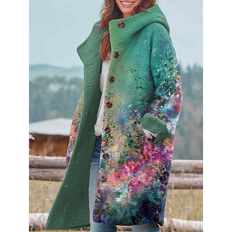 Women's Winter Jacket Fleece Jacket Coat Warm Breathable Pocket Buttons Print Active Daily Casual Floral Vacation Street Daily Single Breasted Long Hoodie Regular Fit Long Sleeve Outerwear Black2