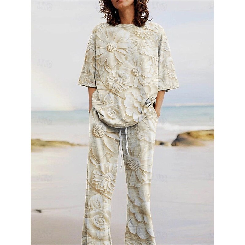 Women's Active Fashion Pants Sets 3/4 Length Sleeve Crew Neck Floral Print Vacation Daily Holiday Blue Purple Khaki Summer Regular Fit3