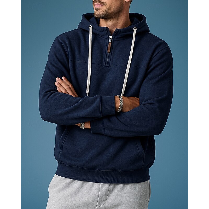 Men's Fleece Pullover Hoodie Casual Sweatshirt Quarter Zipper Thick Long Sleeve Top Athleisure Solid Colored Warm Outdoor Travel Running Sportswear Activewear Black White Burgundy - Main Image