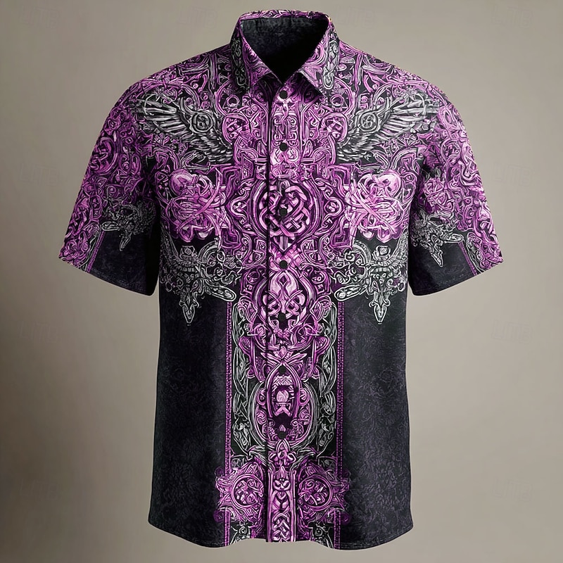 Men's Celtic Cross Shirt Summer Shirt Button Up Shirt Short Sleeve Vintage Retro Dailywear Holiday Summer Spring Turndown 3D Print Collared Shirts Front One Pocket Blue Brown Green Rose Red4