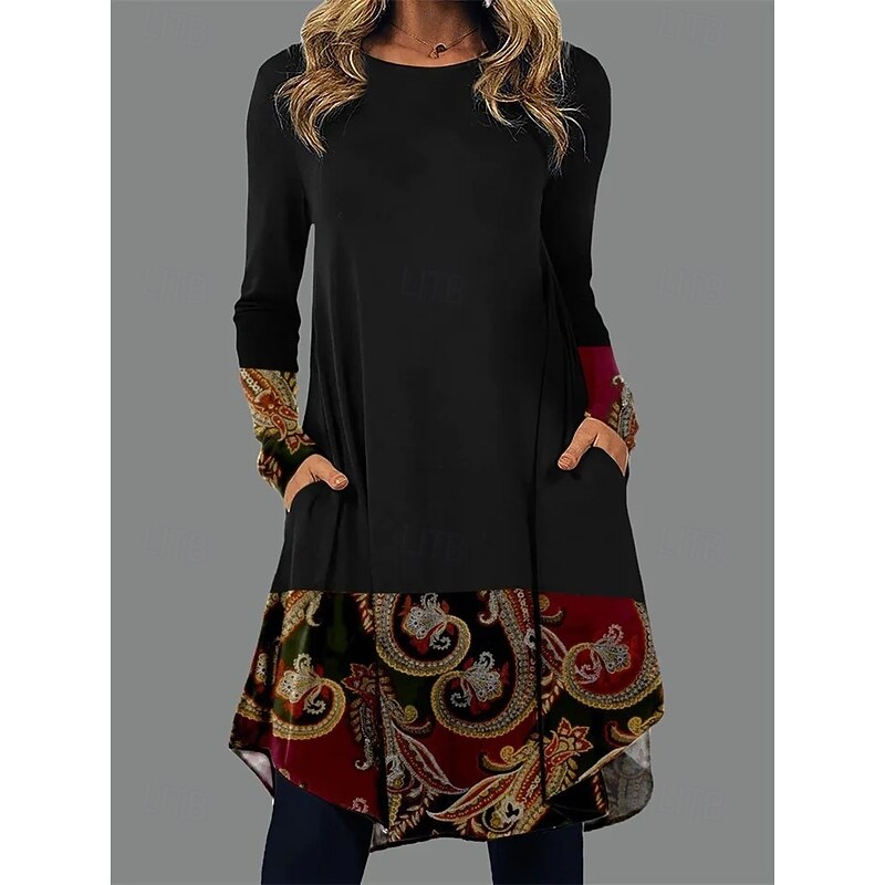 Women's Midi Dress Sheath Dress T Shirt Dress Tee Dress A Line Dress Athletic Dress Vacation Casual Boho Daily Regular Fit Graphic Geometric Houndstooth Long Sleeve Crew Neck Blue Brown Green Rainbow2