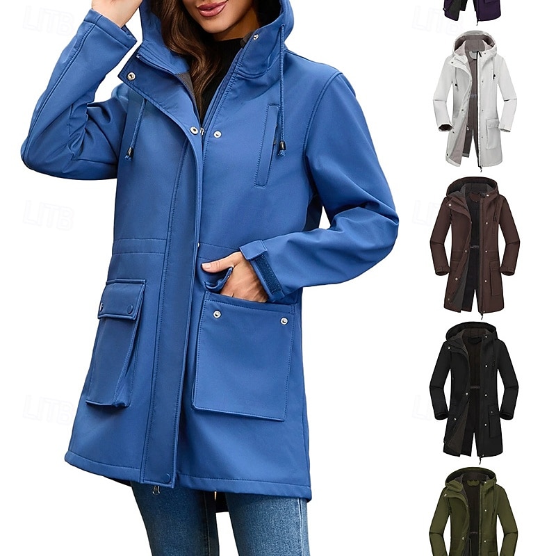 Women's Trench Coat Waterproof Rain Jackets Rain Coats Waterproof Windproof Zipper Pocket Fashion Outdoor Plain Going out Weekend Zipper Regular Hooded Regular Fit Long Sleeve Outerwear Black White