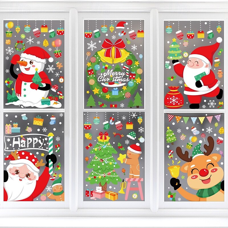 6 Sheets Christmas Window Cling Wall Sticker Decals Decorations, Snowmen & Reindeer, Merry Christmas, Static Cling, Storefront & Home Glass Decor