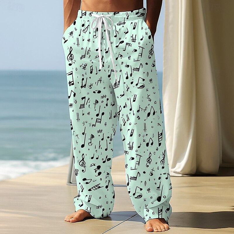 Men's Musical Notes Trousers Baggy Pants Casual Pants Mid Waist Outdoor Vacation Elastic Drawstring Waist Linen-Like Pants with Pockets Spring Fall 3D Print Black White Blue2