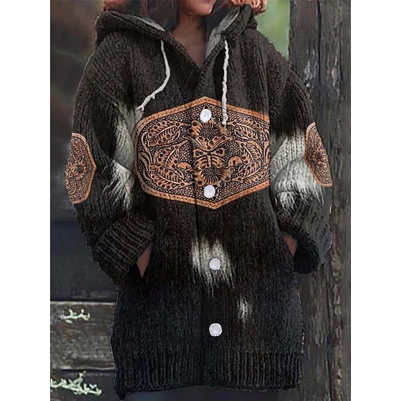 Women's Cardigan Vacation Vintage Daily Graphic Ribbed Hooded Knitted Print Front Pocket Long Sleeve Regular Tops Knit Outdoor Daily Holiday Black White Fall Winter2