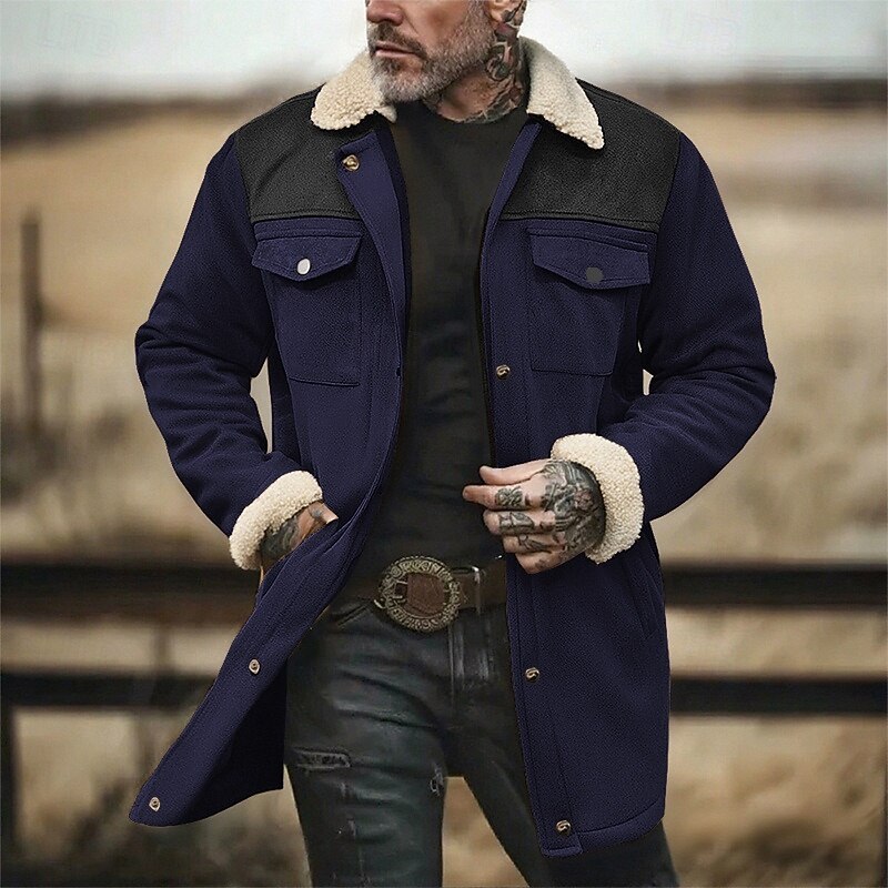Men's Faux Suede Jacket Winter Jacket Sherpa Jacket Vacation Daily Thermal Warm Pocket Fleece Fall Winter Color Block Fashion Streetwear Lapel Long Camel Army Green Dark Blue Gray Jacket2