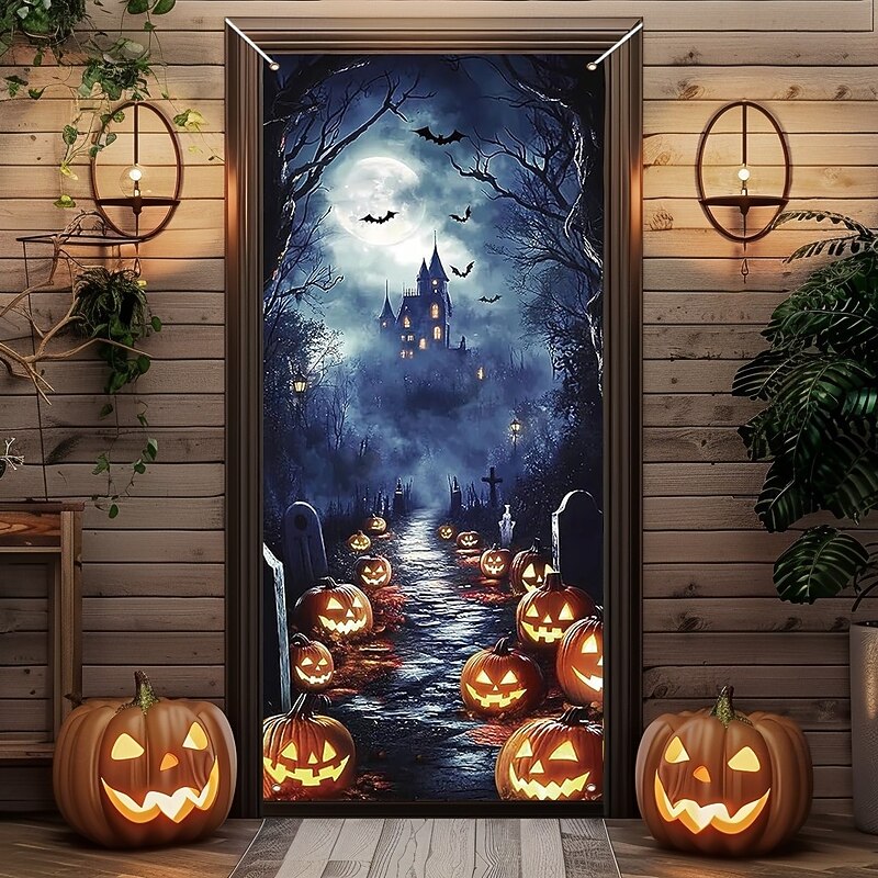 Halloween Door Decorations Halloween Door Covers Door Tapestry Pumpkins Forest Door Curtain Decoration Backdrop Door Banner for Front Door Farmhouse Holiday Party Decor Supplies 7