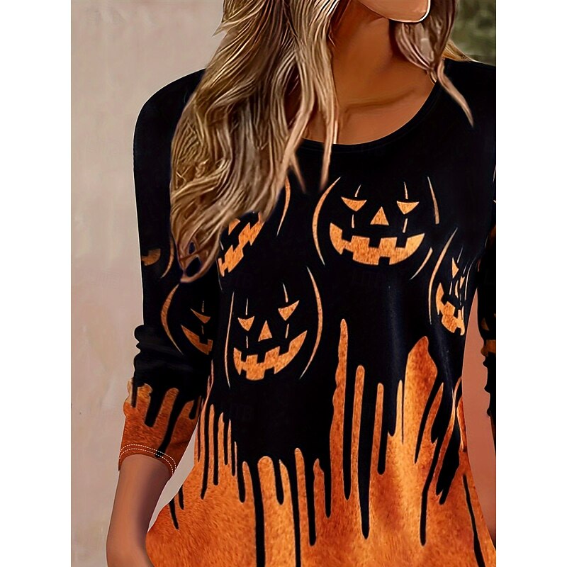 Halloween Women's T shirt Pumpkin Ombre Graphic Vintage Stylish Classic Long Sleeve Crew Neck Regular Tops Daily Print Orange Fall Winter2