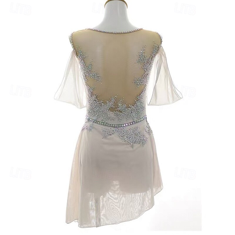 Figure Skating Dress Women's Girls' Ice Skating Dress White Patchwork Open Back Mesh Spandex Stretchy Training Practice Professional Skating Wear Thermal Warm Crystal / Rhinestone Short Sleeve Ice2