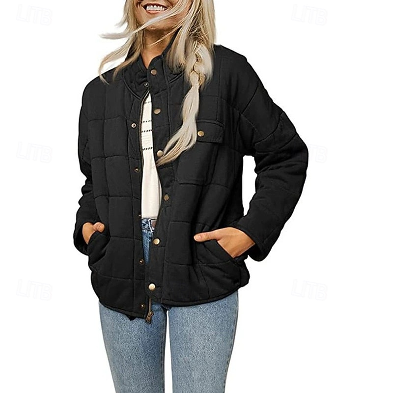 Women's Casual Jacket Warm Comfortable Pocket Buttons Fashion Outdoor Plain Going out Weekend Zipper Regular Stand Collar Regular Fit Long Sleeve Outerwear Black White Yellow Fall Winter3