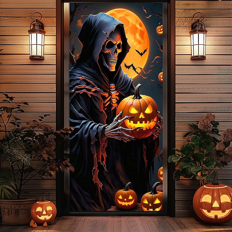 Halloween Door Cover Outdoor Banners Grim Reaper Pumpkin Psychedelic Dark Punk Gothic Style Party Outdoor Shooting Backgrounds Front Door Wall Porch Home Decor