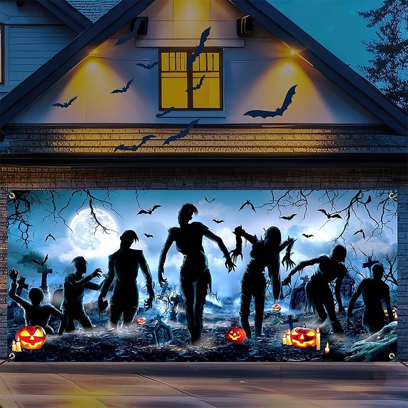 Halloween Garage Door Cover Large Hanging Backdrop Zombies Cemetery Dark Punk Gothic Style Party Outdoor Shooting Backgrounds Yard Haunted House Home Decor