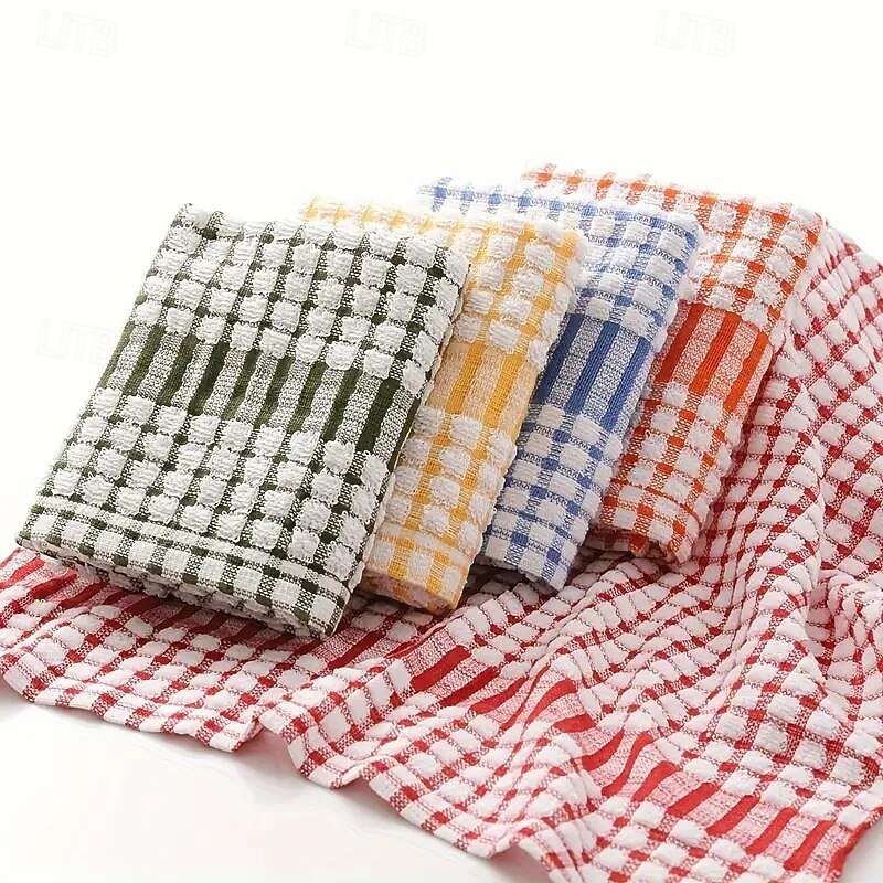 10-Pack Large Checkered Kitchen Cleaning Cloths – Absorbent, Reusable Polyester Towels in Red, Blue, Yellow & Orange for Sink, Table & Outdoor Use3
