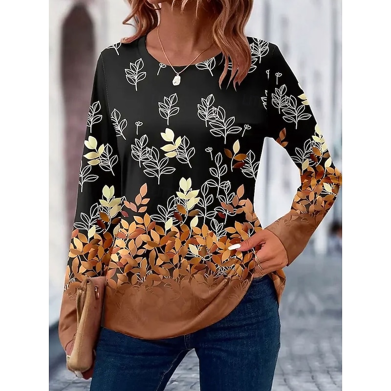 Women's T Shirt Floral Graphic Plants Vintage Stylish Classic Long Sleeve Crew Neck Regular Tops Daily Print Blue Purple Green Khaki Spring Fall Winter