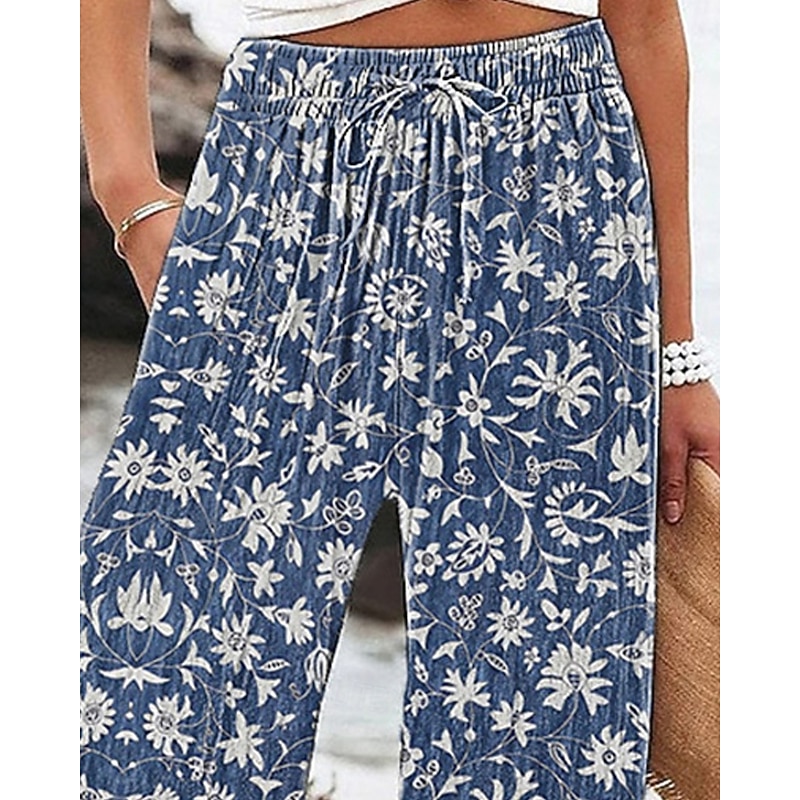 Women's Wide Leg Pants Trousers Palazzo Pants Fashion Boho Full Length High Waist Flower Drawstring Elastic Waist Print Breathability Comfortable Street Daily Wear Going out Blue Spring Fall Regular2