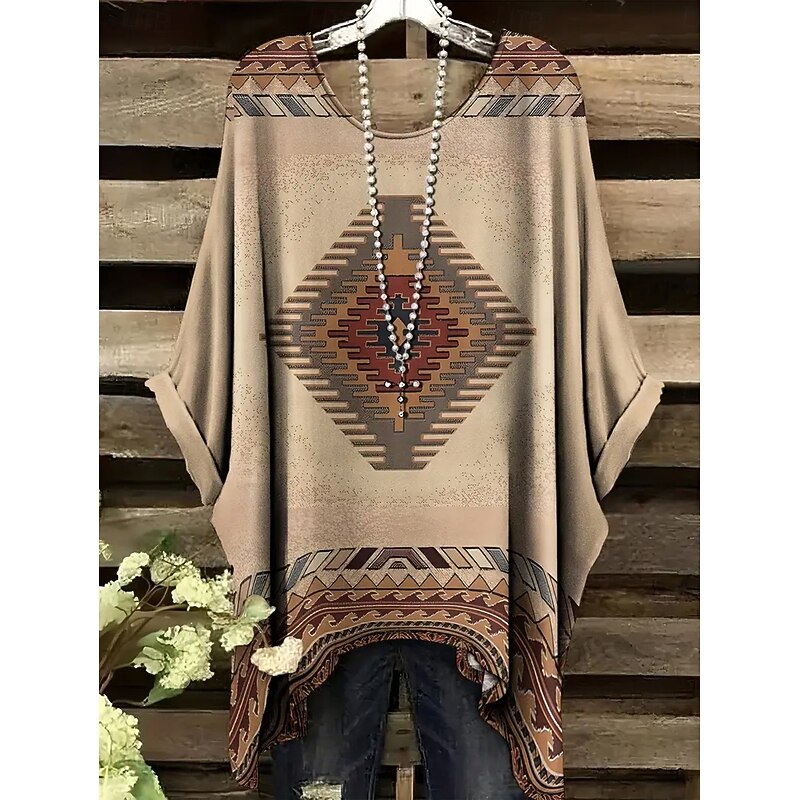 Women's Blouse Graphic Geometric Vintage Daily Casual Half Sleeve Batwing Sleeve Crew Neck Regular Tops Daily Holiday Beach Wear Asymmetric Black White Blue Green Khaki Summer Spring