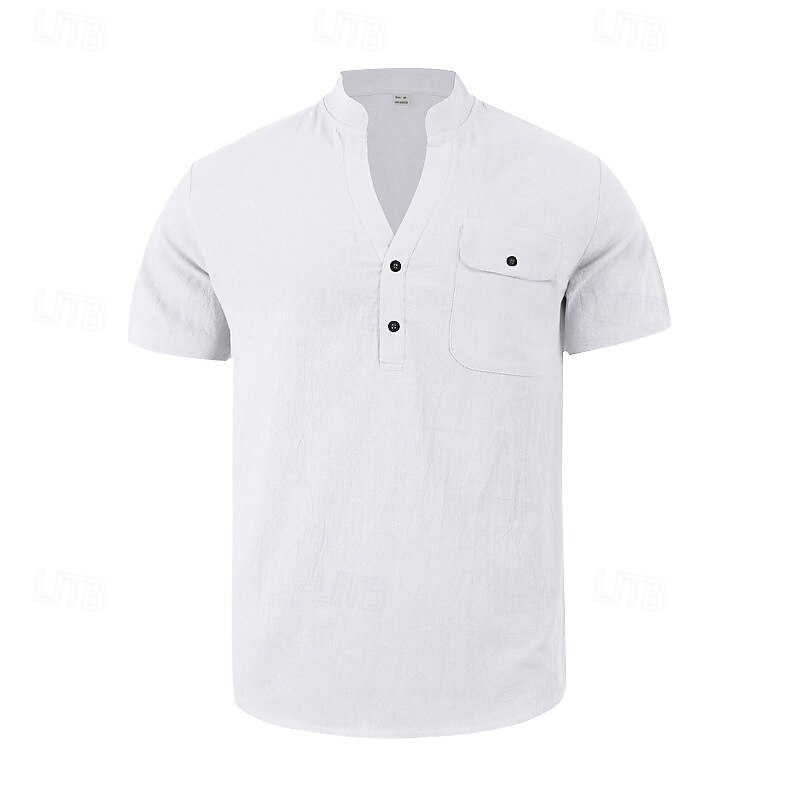 Men's Shirt Linen Shirt Casual Shirt Button Up Shirt Cotton Shirt Plain Vacation Street Black White Khaki Light Blue Short Sleeve Band Collar Summer Clothing Apparel Pocket4
