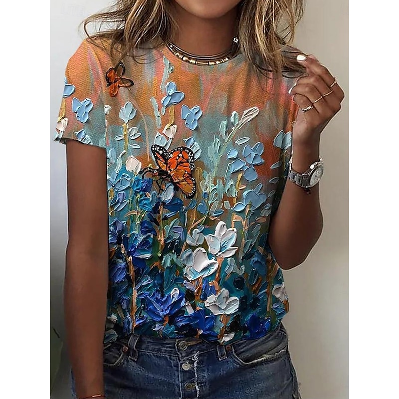 Women's T Shirt Floral Graphic Plants Vintage Stylish Classic Short Sleeve Crew Neck Round Neck Regular Tops Daily Print Black Blue Orange Summer Spring3