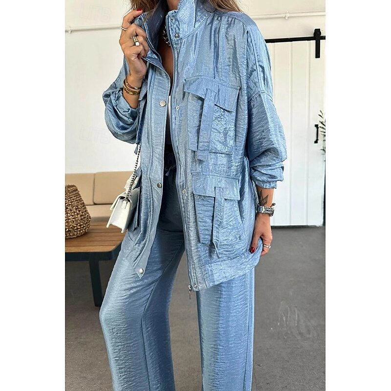 Women's Suits Comfortable Drawstring Pocket Full Zip Sports Fashion Daily Retro Plain School Vacation Home Office Cardigan Regular Stand Collar Loose Fit Long Sleeve Outerwear Silver Lake blue Black3