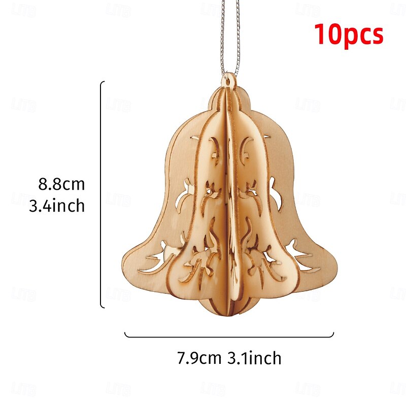 10PCS Christmas Wooden Ornaments, 3D DIY Assembly Hanging Decorations with Star and Heart Shapes, Creative Simple Wood Xmas Tree Hanging Decor for Holiday Scene Arrangement3