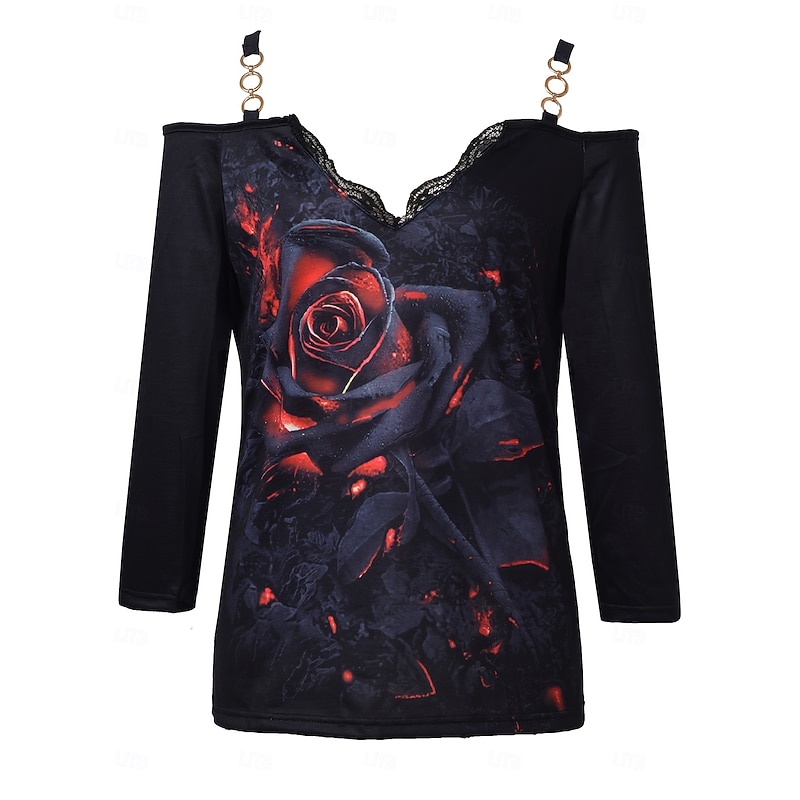 Halloween Women's Blouse Graphic Rose Vintage Stylish Modern Long Sleeve V Neck Off Shoulder Regular Tops Daily Going out Patchwork Print Black Summer Spring Fall2