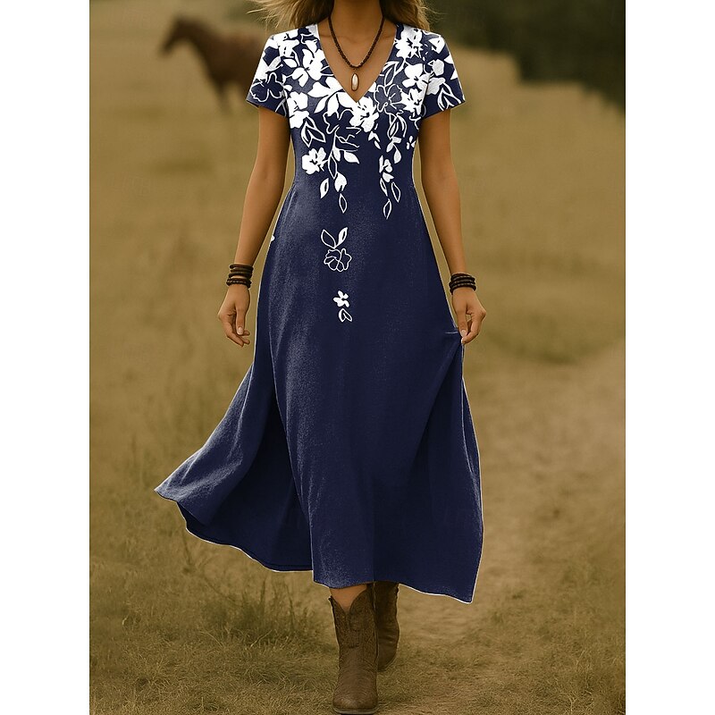 Women's Maxi Dress Casual Dress A Line Dress Summer Dress Elegant Vacation Casual Beach Regular Fit Floral Graphic Short Sleeve V Neck Pink Red Blue Orange Summer Spring2