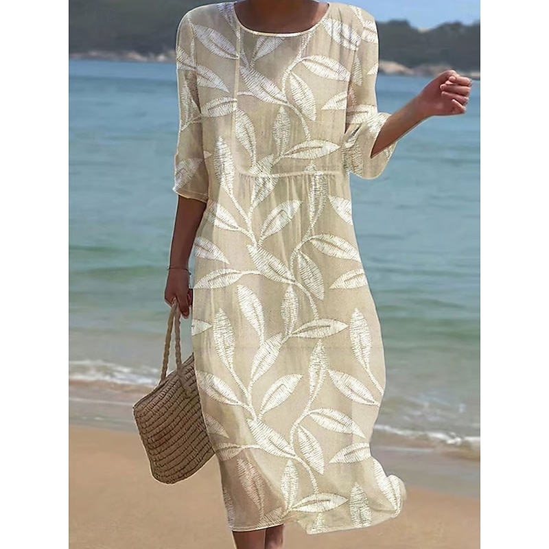 Women's Maxi Dress Kaftan 3/4 Length Sleeve Crew Neck Casual Dress A Line Dress Boho Regular Fit Graphic Leaf Yellow Pink Blue Purple Spring Fall
