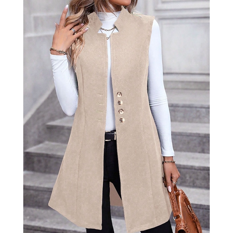 Women's Vest Blazer Comfortable Buttons Fashion Outdoor Plain Holiday Going out Weekend Single Breasted Long Stand Collar Regular Fit Sleeveless Outerwear Black Red Apricot Fall Winter2