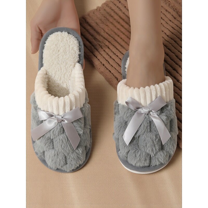 Women's Pink Plush House Slippers – Furry Indoor Winter Slippers with Satin Bow for Bedroom, Lounge and Cozy Home Wear4