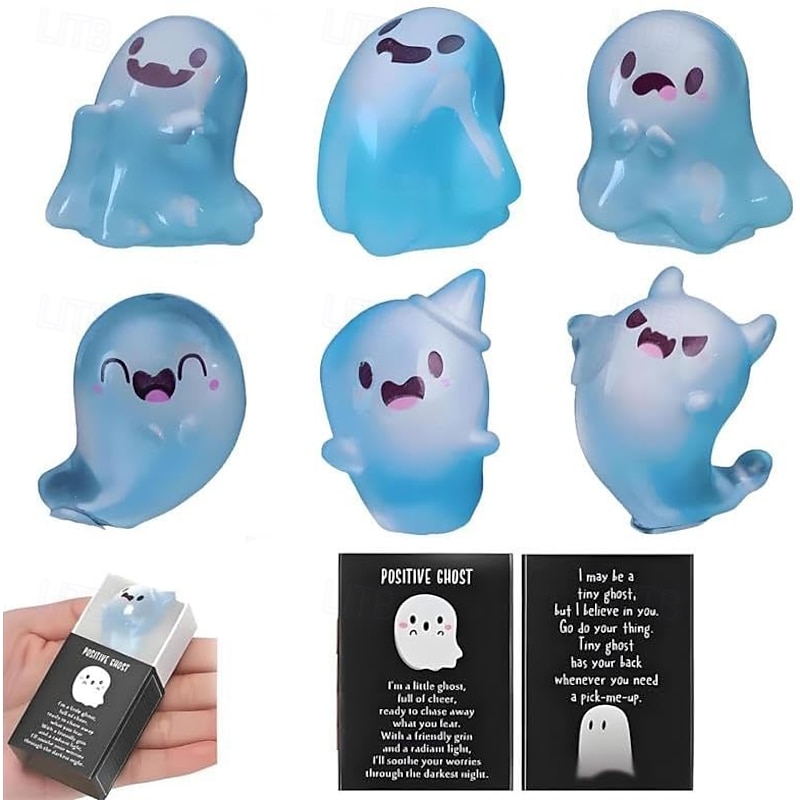 Halloween Glow in the Dark Mini Cute Ghost Decoration Figures with Box 6 Cute Ghost Decoration Figurines in 6 Designs with 6pcs Thank You Cards and Mini Box Suitable for Halloween
