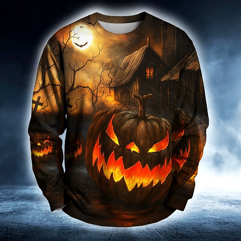 Halloween Men's Pumpkin Sweatshirt Punk Party Crew Neck Vacation Black 1 Crewneck 3D All Seasons Designer