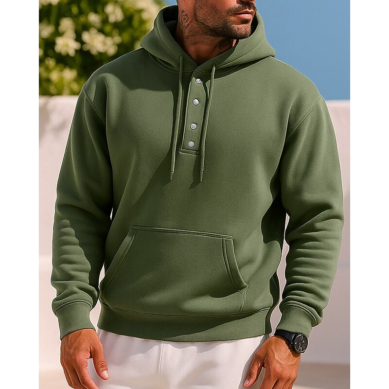 Men's Casual Sweatshirt Pullover Hoodie Buttons Long Sleeve Top Athleisure Solid Colored Fashion Warm Outdoor Travel Sports Sportswear Activewear Wine Red Black Blue