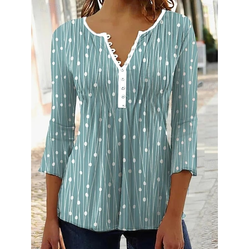 Women's Blouse Graphic Polka Dot Elegant Stylish Modern 3/4 Length Sleeve Ruffle Sleeve V Neck Regular Tops Work Daily Holiday Ruched Buttons Red Blue Green Gray Summer Spring Fall