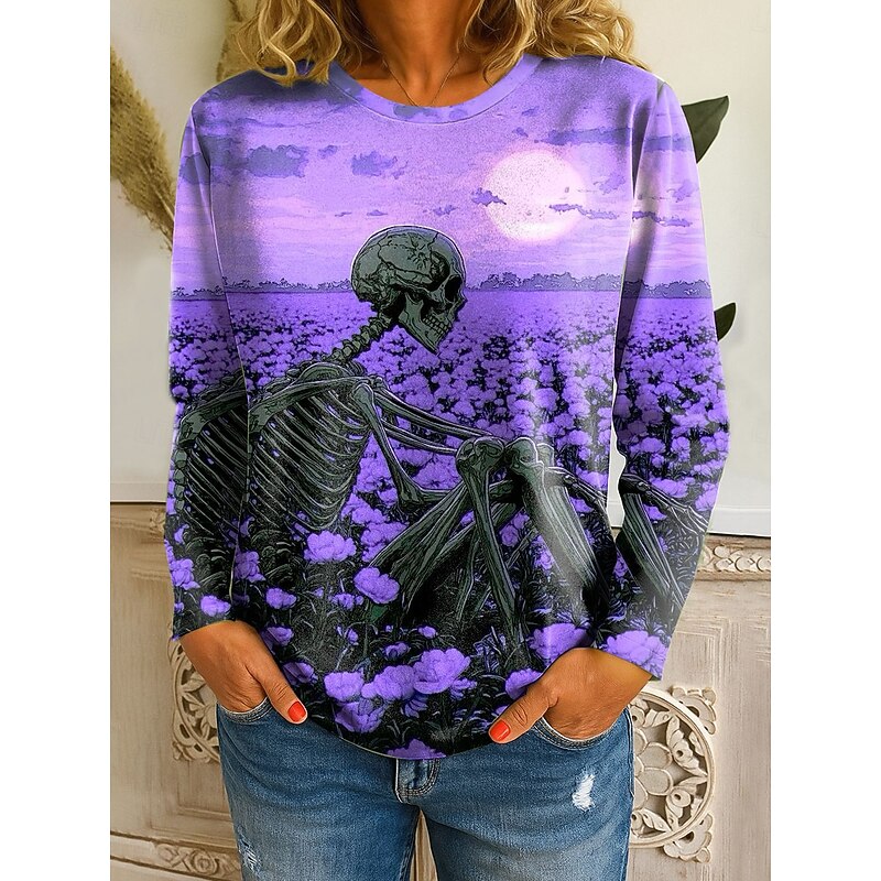 Halloween Women's T Shirt Skulls Graphic Witch Vintage Fashion Stylish Long Sleeve Crew Neck Regular Tops Daily Print Pink Blue Purple Fall Winter
